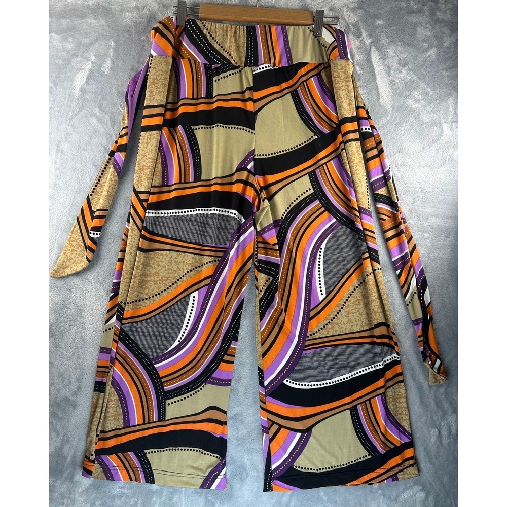 Robert Louis Wide Leg Pants XL Orange Purple Abstract Geometric Print Tie Waist - Picture 4 of 9
